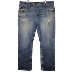 Ariat Rebar M4 Distressed Blue Denim Relaxed Boot Cut Jeans Sz 42/34
